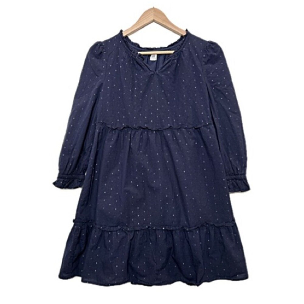 GAP Kids Girls Long Sleeve Tiered Ruffle Dress Size XL 12-13 Navy Metallic Dot